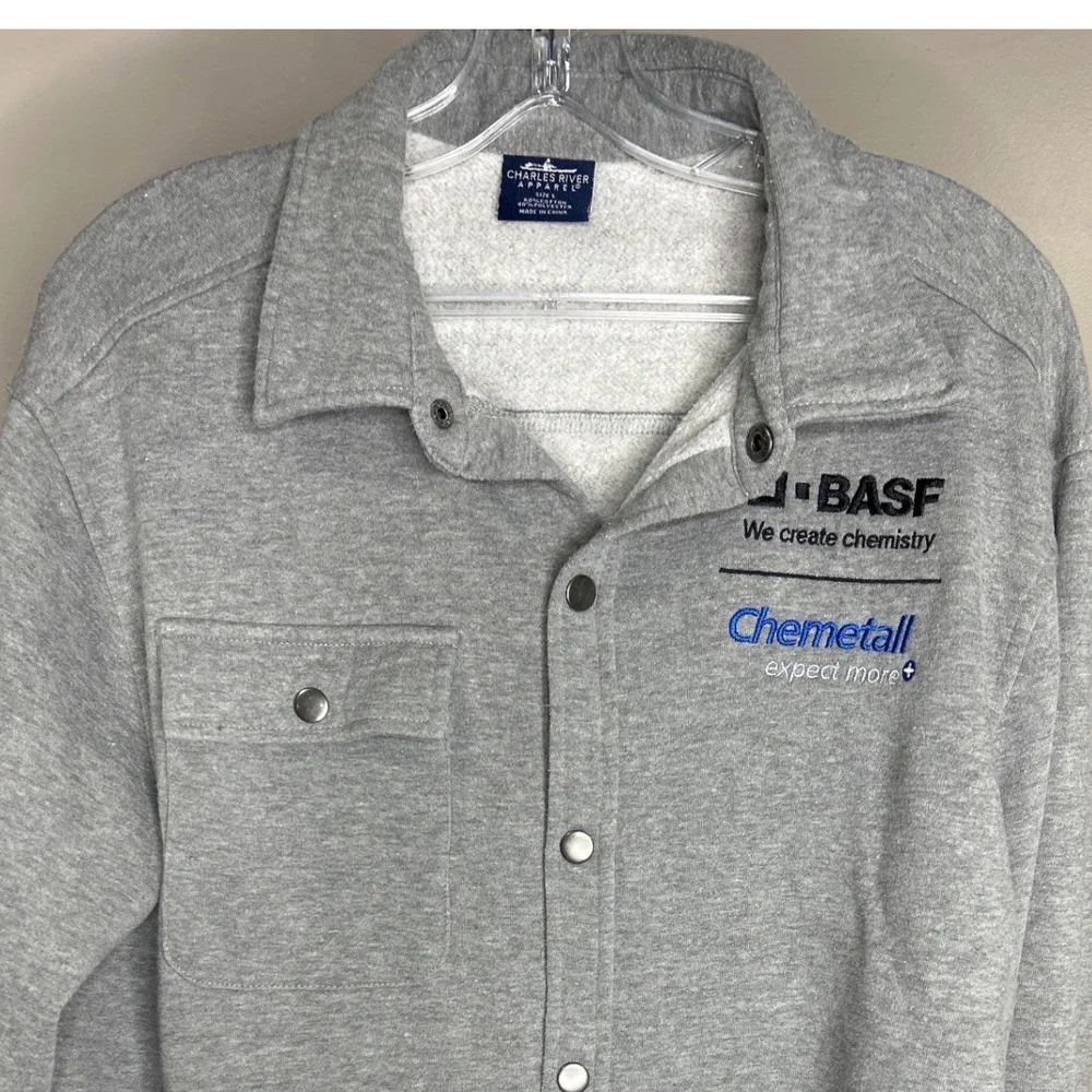 Charles River BASF Logo Apparel Mens Large Gray Snap Front Fleece Shirt Jacket